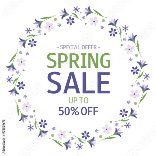 Spring Sale. Wreath from purple flowers and green leaves. Special Offer. Up To 50% off. Template for design, banner, advertising, online store, shop window, promotion, sell-out.