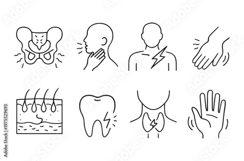 Black and white icon set depicting various body parts and common ailments
