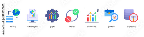 Business Intelligence web banner icon vector illustration featuring Hosting, Data Analytics, Graphs, Choices, Stock Market, Portfolio, and Engineering.