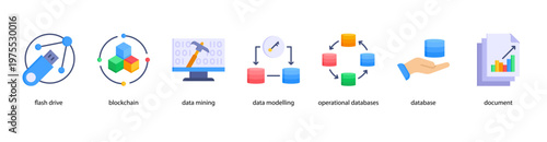 Digital Infrastructure web banner icon vector illustration featuring Flash Drive, Blockchain, Data Mining, Data Modelling, Operational Databases, Database, and Document.