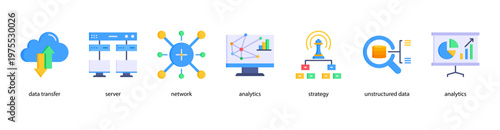 Advanced Analytics web banner icon vector illustration featuring Data Transfer, Server, Network, Analytics, Strategy, Unstructured Data, and Analytics.