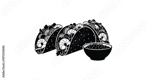 A black and white illustration depicts three tacos and a small bowl of beans high quality