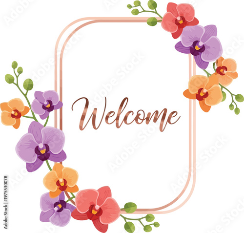 Elegant Welcome Sign Design with Watercolor Orchid Flowers and Gold Decorative Frame for Wedding Invitations