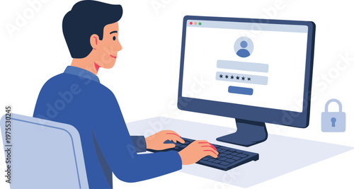 Man sitting at desk typing on computer with login screen and lock
