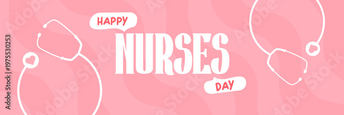 Happy Nurses Day wide banner. Pink wavy background with stethoscope icons and bold Happy Nurses Day typography. Modern seasonal Nurses Day header for healthcare workers appreciation, medical events