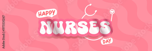 Happy Nurses Day wide banner. Pink wavy background with stethoscope icons and bold Happy Nurses Day typography. Modern seasonal Nurses Day header for healthcare workers appreciation, medical events