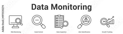 Data Monitoring web banner icon set vector illustration concept for business with icon of Web Monitoring, Scale Control, Data Inspection, Alert Identificati.