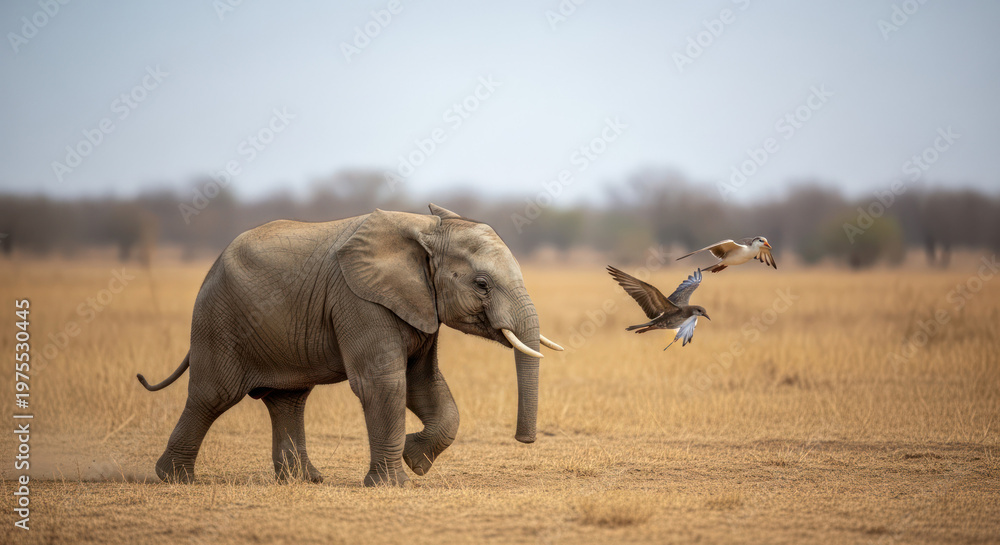 Fototapeta premium Elephant Strolling Through the Savannah with Birds Flying Nearby.