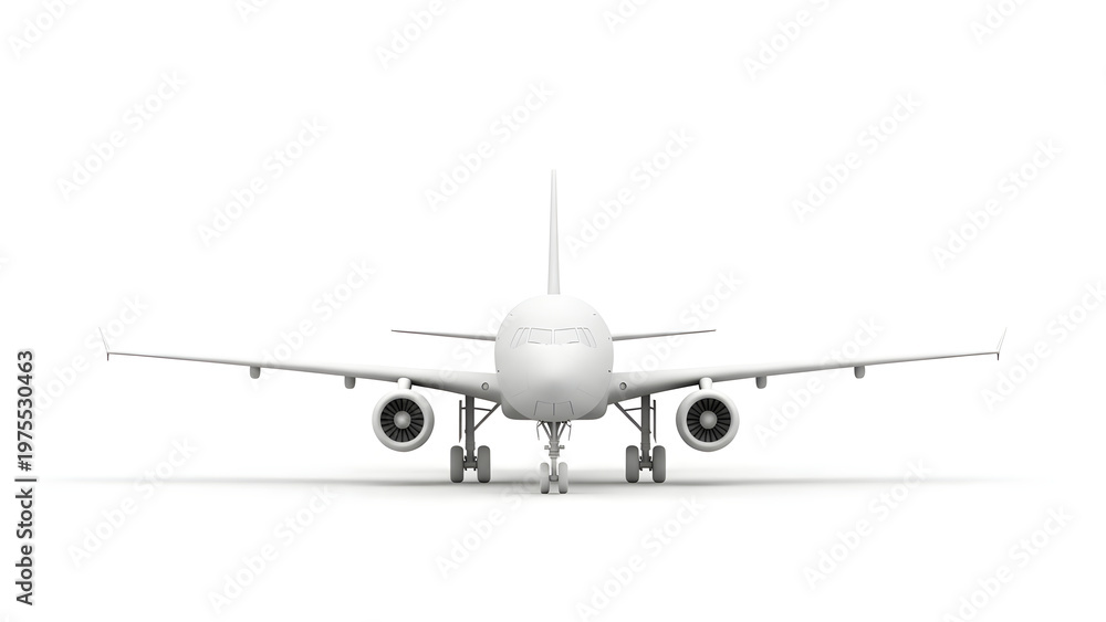 Naklejka premium A large airplane faces forward on the ground with extended wings.