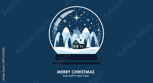 Festive Christmas snow globe illustration featuring a cozy winter cabin among pine trees with falling snow and a holiday greeting on a blue base.