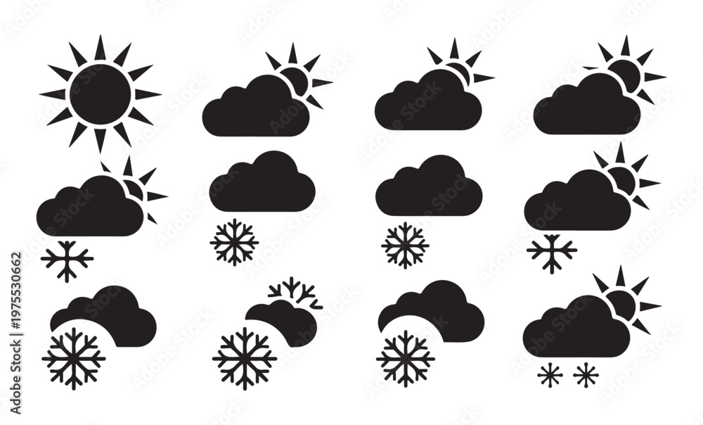 Obraz premium Collection of weather icons sun clouds snow and snowflakes on white background.