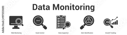 Data Monitoring web banner icon set vector illustration concept for business with icon of Web Monitoring, Scale Control, Data Inspection, Alert Identificati.