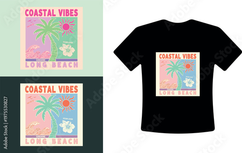 Coastal Vibes T-Shirt Design with Palm Tree and Long Beach Graphic