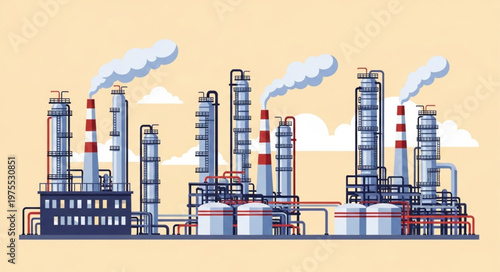 Industrial Plant with Towers and Smoke Stacks Emission.
