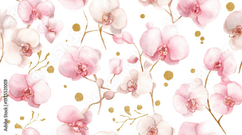 Seamless watercolor orchid pattern with soft pink and white flowers and golden decorative elements