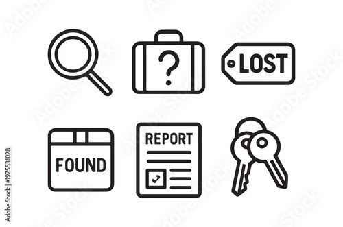 Line art icons depicting lost and found items including a magnifying glass and a key