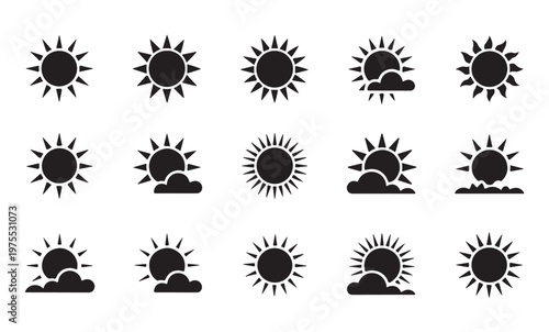 Sun icons with clouds, waves and partial sun for weather.
