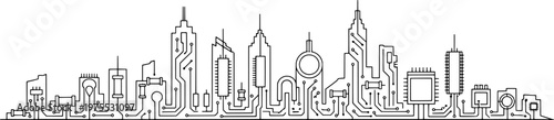 Minimalist smart city circuit board skyline line art, "Created with AI assistance and manually refined