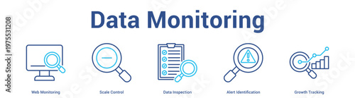 Data Monitoring web banner icon set vector illustration concept for business with icon of Web Monitoring, Scale Control, Data Inspection, Alert Identificati.