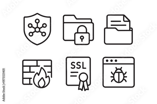 Security icons depicting folder shield firewall ssl document and network protection symbols