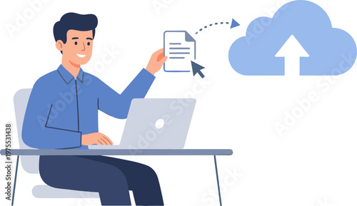Man uploading document from laptop to cloud storage service