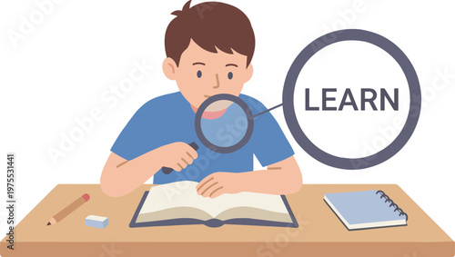A boy studies with a magnifying glass on a book at his desk with notebook and pencil.