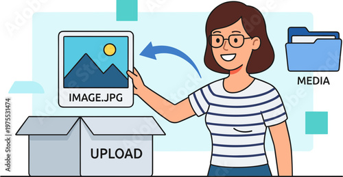 Woman uploading photo from box to device in office