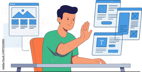 A man sitting at a desk interacts with floating web pages.