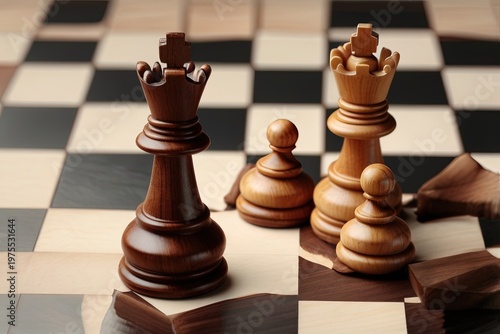 Chess pieces and chequerboard on light background