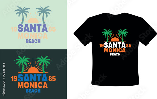 Santa Monica Beach T-Shirt Design with Palm Trees and Sunset