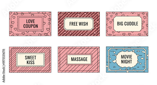 Set of six colorful romantic love coupons for couples including activities like a big cuddle, sweet kiss, movie night, and relaxing massage.