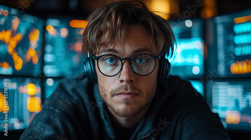 Man monitoring data on multiple screens in tech room