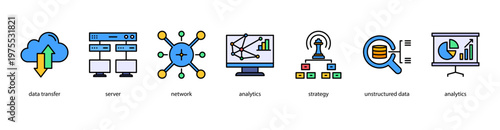 Advanced Analytics web banner icon vector illustration featuring Data Transfer, Server, Network, Analytics, Strategy, Unstructured Data, and Analytics.