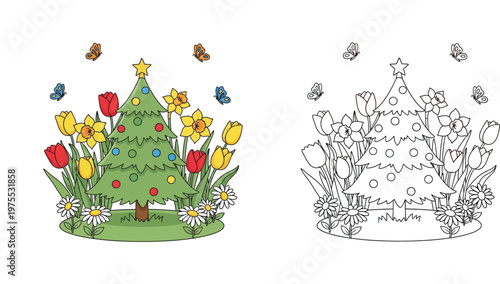 Christmas Tree with Spring Flowers Coloring Page and Colored Version for Kids, Featuring Tulips, Daffodils, Daisies, and Butterflies, Educational Holiday Activity Vector Illustration