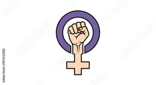 Empowering feminism symbol featuring a raised fist inside the purple female venus sign on a clean white background for women rights.
