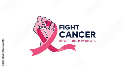 Breast cancer awareness design featuring a pink ribbon wrapped around a raised fist with text encouraging the fight against the disease.
