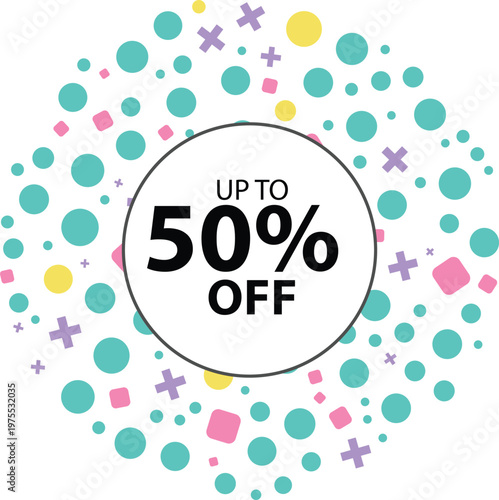 Vibrant promotion banner featuring up to fifty percent off text in a central circle with shapes