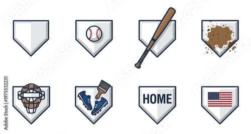 Baseball home plate vector collection featuring sports equipment, bat, ball, catcher mask, muddy base, cleats, and flag in flat style with dark outline.
