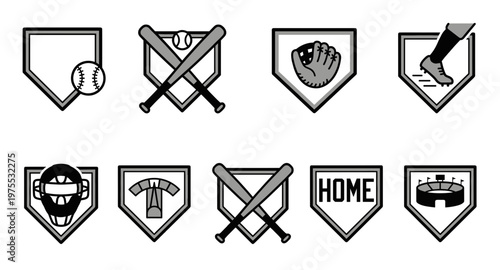Baseball home plate vector icon set featuring bats, ball, glove, catcher mask, and stadium elements in modern flat gray style for sports design