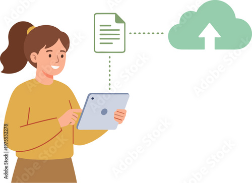 Woman uploads document from tablet to cloud storage service