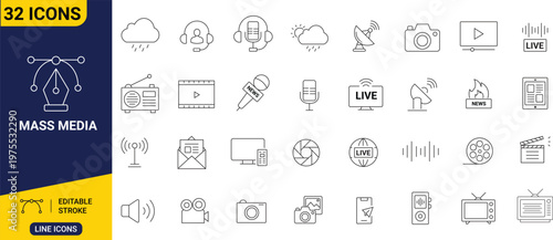 Comprehensive collection of modern mass media and communication technology line icons, featuring broadcasting, streaming, and digital content elements for web and app design projects