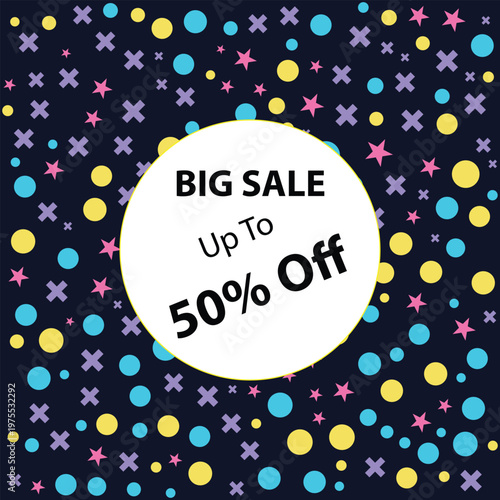 Big sale banner with up to fifty percent discount on a colorful confetti background.