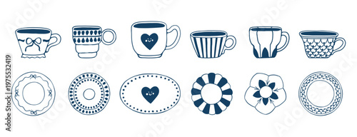 Cute doodle cups and decorative plates collection in hand drawn style. Vector set with playful shapes, ornaments and pencil textures for cafe branding, packaging, prints and kitchen themed designs