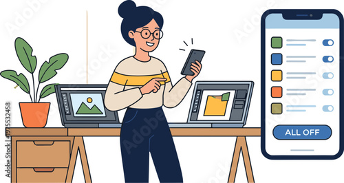 Woman uses phone and laptop computers at desk with various devices and plant