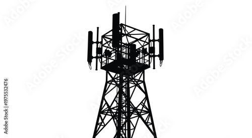 A silhouetted image depicts a tall cellular communication tower against a plain white background high quality