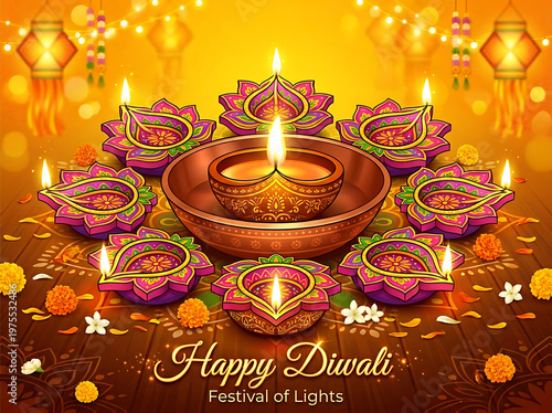 Diwali Festival Greeting with Traditional Oil Lamps and Flower Decoration