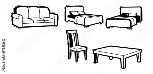 Furniture set illustration isolated white outline elements