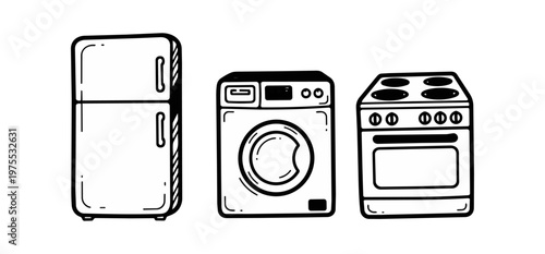 Household appliances illustration refrigerator washing machine stove black and white