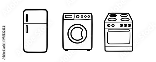 Household appliances illustration refrigerator washing machine stove black and white