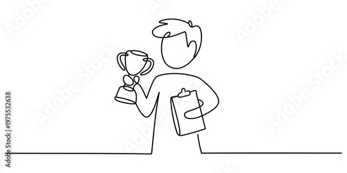 A continuous line drawing of a person celebrating success while holding a trophy and a clipboard Vector, illustration